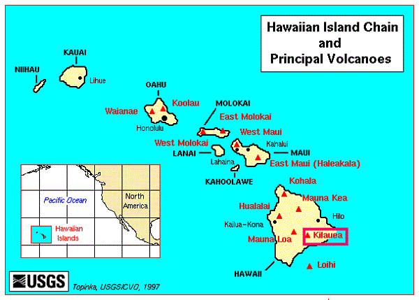 Hawaiian Island Chain and Principal Volcanoes.