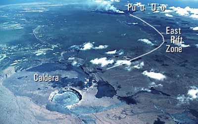 Aerial view of Kilauea Volcano's summit caldera and east rift zone. The east rift zone of Kilauea Volcano.  Photograph by J.D. Griggs on 1 January 1985. 