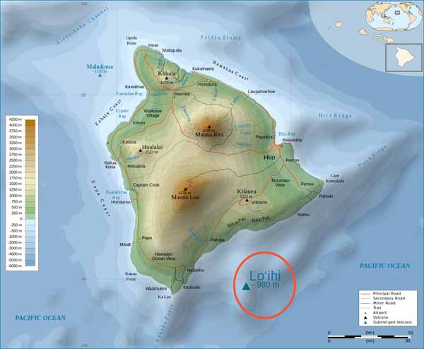 Топографическая карта острова Гавайи (Подводная горя Лоихи выделена).