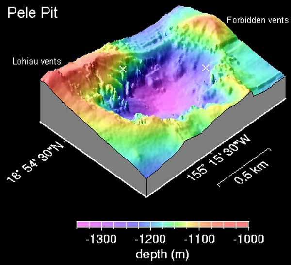3D bathymetric map of the new Pit Crater formed during the 1996 seismic event. Hydrothermal activity is occurring in at least 2 sites, Lohiau vents (the left 