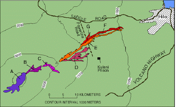 Areas covered by lava flows erupted during the eruption of Mauna Loa between March 24 and April 15, 1984.