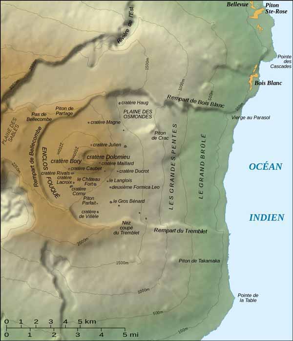 Topographic map of Piton de la Fournaise, which includes the names of features associated with the volcano (the labelling on the map is in French; cratère translates to crater in English). Source: Gaba (2007).