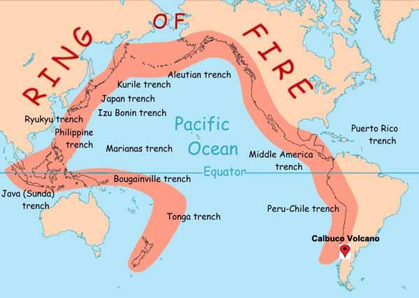 Geologic features along the Ring of Fire: volcanoes (including Calbuco volcano), ocean trenches, mountain trenches, hydrothermal vents, and sites of earthquake activity. Map courtesy USGS.