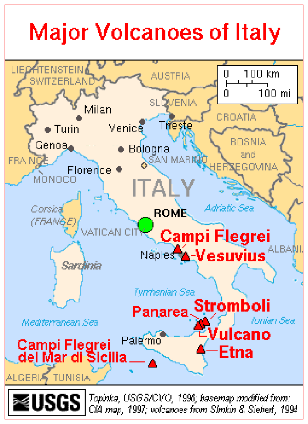Карта расположения вулканов Италии.