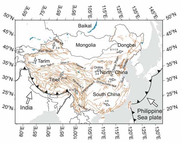 Карта основных геологических единиц в континентальном Китае.