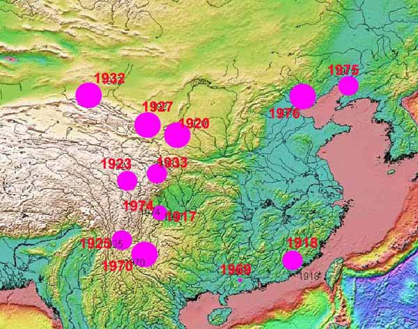 Earthquakes in China since 1900, causing 1000 or more deaths.