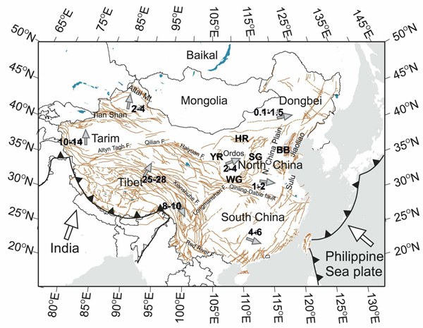 Схематичная карта основных геологических блоков материкового Китая и скорости их движения