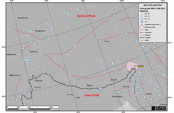 Обзорная тектоническая схема региона. Землетрясения Гималайского региона M6+, 1900-2014гг.