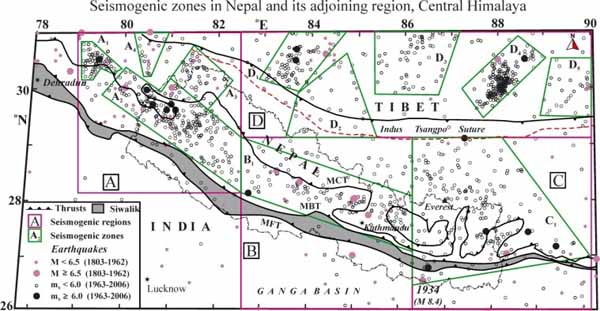 Схема сейсмичности Непальского региона по данным о землетрясениях за 1803-2006 гг.