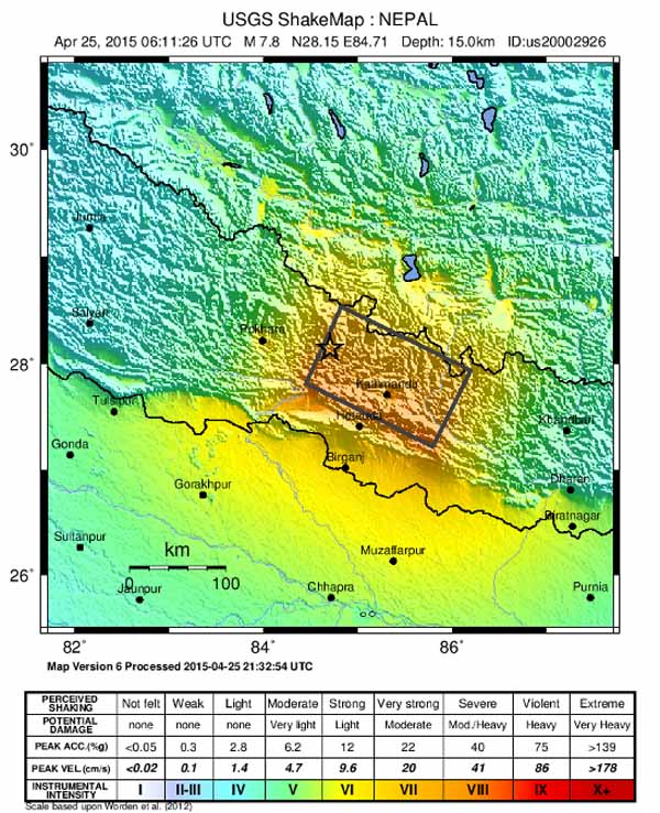 Интенсивность сотрясений от Непальского землетрясения 2015г.